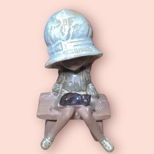 Vintage‎ Hankyu Japan Charming Ceramic Big Hat Girl w/ Kitten on bench figurine